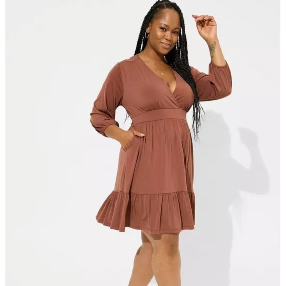Torrid Babydoll Dress Womens 4 Brown Surplice V-Neck Tiered Ruffle Mini Boho